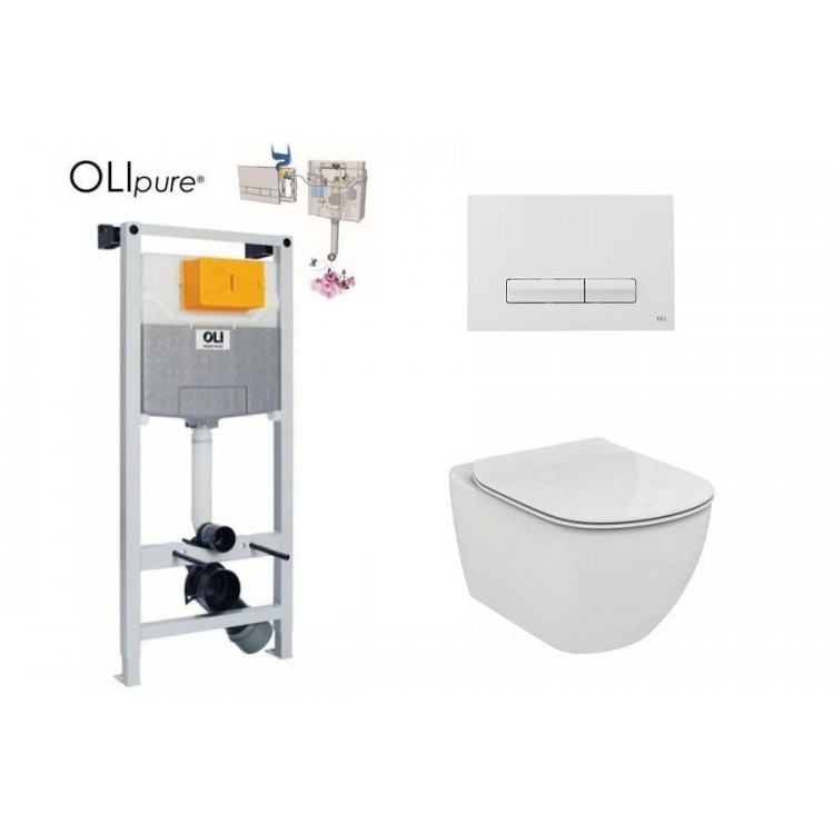 SET Унитаз подвесной Ideal Standard Tesi Aquablade с инсталляцией Oli 120 (Fresh) + клавиша Glam OliPure белая